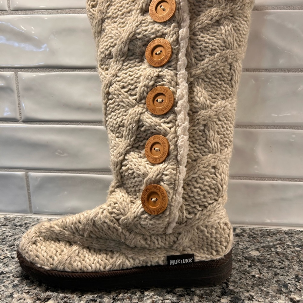 Muk Luks Cream Knit Button Winter Boots